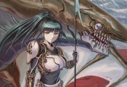 Rule 34 | 1girl, armor, black gloves, blunt bangs, breastplate, closed mouth, dark green hair, dragon, floating hair, gloves, green eyes, holding, holding polearm, holding weapon, long hair, looking at viewer, original, polearm, ponytail, spear, vaison, weapon, white armor