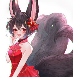 Rule 34 | 1girl, :d, ahoge, animal ears, bare arms, bare shoulders, black hair, blush, collar, collarbone, commentary request, cowboy shot, dress, erune, fang, flying sweatdrops, fox ears, fox girl, fox tail, gem, granblue fantasy, hair ornament, hand on own cheek, hand on own face, hand up, highres, looking at viewer, multiple tails, open mouth, purple gemstone, red dress, red eyes, rice tea, short hair, single hair intake, sleeveless, sleeveless dress, smile, solo, tail, you (granblue fantasy)