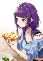 Rule 34 | 1girl, absurdres, asashin (asn), black bra, blue shirt, bra, bread, bread slice, breasts, cleavage, closed mouth, collarbone, eating, egg, fingernails, food, food on face, fried egg, fried egg on toast, gradient background, hair ornament, hair over shoulder, hairclip, highres, holding, holding food, idolmaster, idolmaster shiny colors, long hair, medium breasts, midriff, plate, purple eyes, raglan sleeves, red nails, shirt, sitting, solo, tanaka mamimi, toast, underwear, yellow background