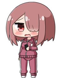 Rule 34 | 1girl, blush, brown hair, brown jacket, brown pants, cellphone, chibi, commentary request, full body, hair over one eye, hana kazari, holding, holding phone, hoshino miyako (wataten), jacket, long sleeves, looking at viewer, no shoes, open mouth, pants, phone, red eyes, simple background, socks, solo, standing, track jacket, track pants, track suit, watashi ni tenshi ga maiorita!, white background, white socks