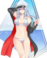 Rule 34 | 1girl, absurdres, azur lane, beach, bikini, black coat, breasts, closed mouth, coat, commentary request, cowboy shot, day, enterprise (azur lane), hair between eyes, hat, highres, large breasts, long hair, looking at viewer, nuggetkouhai, ocean, open clothes, open coat, peaked cap, purple eyes, silver hair, sleeveless, smile, solo, swimsuit, thighs, white hat