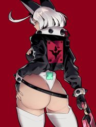 Rule 34 | 1girl, absurdres, ahoge, animal ears, ass, ass focus, belt, black jacket, blue eyes, bracelet, breasts, butt crack, chain, cleavage, clover, collar, cowboy shot, cropped jacket, elphelt valentine, four-leaf clover, from behind, guilty gear, guilty gear xrd, gun, hairband, hand on own hip, handgun, heart, highleg, highres, holding, holding weapon, jacket, jewelry, large breasts, looking back, red background, short hair, skullworms, spiked bracelet, spiked collar, spiked hairband, spikes, thighhighs, weapon, white hair, white thighhighs