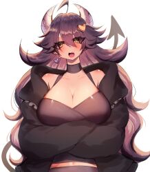 Rule 34 | ahoge, arms under breasts, blush, breasts, brown hair, cleavage, crossed arms, demon tail, dragon horns, earrings, hair ornament, heart, heart earrings, heart hair ornament, highres, horns, jacket, jewelry, large breasts, long hair, looking at viewer, messy hair, midriff, navel, open clothes, open jacket, original, swirl (character), tail, usa37107692, yellow eyes