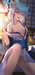 Rule 34 | 1girl, absurdres, animal ears, blue archive, blue halo, blue nails, blush, breasts, choko (cup), commentary, cup, fingernails, green hair, grey kimono, halo, highres, holding, holding cup, indoors, japanese clothes, k0a, kimono, looking at viewer, medium breasts, medium hair, nail polish, obi, official alternate costume, open mouth, panties, pantyshot, purple eyes, sash, shigure (blue archive), shigure (hot spring) (blue archive), shouji, sliding doors, smile, solo, tail, tokkuri, underwear, weasel ears, weasel tail, white panties, wide sleeves