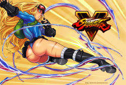 Rule 34 | 1girl, alternate costume, alternate hairstyle, armpits, ass, attack, backpack, bag, belt, belt pouch, black footwear, black gloves, blonde hair, blue eyes, blue leotard, bodypaint, boots, buckle, cammy white, capcom, clenched teeth, copyright name, darkereve, fingerless gloves, fingernails, flying kick, from side, gloves, goggles, goggles on head, hair down, high heel boots, high heels, highres, jumping, kicking, knee boots, knee pads, leotard, logo, long fingernails, long hair, looking to the side, orange background, outstretched arm, pouch, serious, signature, skin tight, solo, street fighter, street fighter v, teeth, thighs, thong, thong leotard, toned, utility belt, very long hair, wind