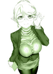 Rule 34 | 1girl, adjusting eyewear, black pantyhose, book, braid, breasts, closed mouth, cowboy shot, eyelashes, from above, glasses, green theme, hair between eyes, holding, jacket, large breasts, long sleeves, looking at viewer, miniskirt, monochrome, original, palms, pantyhose, pencil skirt, pointy ears, simple background, sketch, skirt, smile, solo, sweater, swept bangs, turtleneck, ueyama michirou, underbust, white background