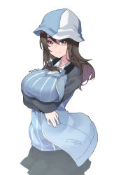 Rule 34 | 1girl, blue hat, blue jacket, blue shirt, breast hold, breasts, brown eyes, brown hair, closed mouth, commentary, cowboy shot, crossed arms, dress shirt, girls und panzer, grey skirt, hat, highres, jacket, keizoku military uniform, keizoku school uniform, kimi tsuru, large breasts, long hair, long sleeves, looking at viewer, mika (girls und panzer), military, military uniform, miniskirt, open clothes, open jacket, pleated skirt, raglan sleeves, school uniform, shirt, simple background, skirt, smile, standing, striped clothes, striped shirt, track jacket, tulip hat, twitter username, uniform, vertical-striped clothes, vertical-striped shirt, white background, white shirt, wing collar