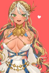 Rule 34 | 1girl, andromeda (fate), andromeda (first ascension) (fate), breasts, brown hair, choker, covered erect nipples, covered navel, dark-skinned female, dark skin, detached sleeves, fate/grand order, fate (series), gold choker, green eyes, hair ornament, heart, large breasts, long hair, marony chan, parted lips, red background, simple background, sleeve cuffs, smile, solo, twintails, white hair, wrist cuffs, yellow wrist cuffs