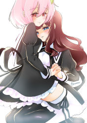 Rule 34 | 2girls, :&gt;, assault lily, black legwear, black ribbon, black skirt, blue eyes, blunt bangs, blush, breasts, brown hair, closed mouth, commentary request, cropped jacket, feet out of frame, frilled skirt, frills, girl on top, hair between eyes, hair ornament, heads together, high-waist skirt, highres, hitotsuyanagi riri, holding hands, interlocked fingers, jardim (saruboid), juliet sleeves, kaede johan nouvel, leg ribbon, long hair, long sleeves, looking at viewer, looking to the side, miniskirt, multiple girls, pantyhose, parted lips, pink hair, puffy sleeves, red eyes, ribbon, school uniform, seiza, shirt, short hair, simple background, sitting, sitting on lap, sitting on person, skirt, small breasts, smile, thighhighs, twitter username, wavy hair, white background, white legwear, white shirt, yuri, yurigaoka girls academy school uniform, zettai ryouiki