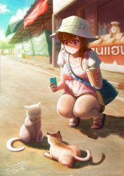 Rule 34 | 10s, 1girl, 2015, :&gt;, awning, bag, bare legs, bendy straw, blouse, bow, brown hair, cat, cellphone, collarbone, cup, day, drinking straw, full body, handbag, hat, hat bow, hat ribbon, holding, holding cup, holding phone, long hair, looking down, no socks, original, outdoors, phone, polka dot, polka dot shirt, puffy short sleeves, puffy sleeves, purple eyes, ribbon, road, sandals, shadow, shirt, short shorts, short sleeves, shorts, shoulder bag, signature, sky, smile, solo, sommimi, squatting, sun hat, sunlight, taking picture, watermark, web address, weighing scale