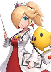 Rule 34 | 1girl, blonde hair, blue eyes, breasts, brooch, clipboard, collarbone, crown, doctor, dr. fire rosalina, dr. mario (game), dr. mario world, dress, earrings, fire rosalina, first aid kit, gonzarez, hair over one eye, highres, holding, holding clipboard, holding wand, jewelry, lips, looking at viewer, luma (mario), mario (series), medium breasts, nail polish, nintendo, parted lips, pink lips, pink nails, ponytail, red dress, rosalina, star (symbol), star brooch, star earrings, stethoscope, wand, white background