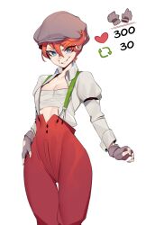 Rule 34 | 1girl, bellboy (freaked fleapit), blue eyes, breasts, chest sarashi, cleavage, fingerless gloves, freaked fleapit (game), freakedfleapit, gloves, grey headwear, highres, like and retweet, looking at viewer, meme, open clothes, open shirt, orange hair, sarashi, short hair, simple background, smile, solo, standing, suspenders, tomboy, twitter strip game (meme), white background
