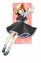 Rule 34 | 1girl, :d, black skirt, black vest, blonde hair, blush, dress shirt, fangs, frilled skirt, frills, full body, hair ribbon, haya taro pochi, looking at viewer, mary janes, open mouth, outstretched arms, red eyes, red ribbon, ribbon, rumia, shirt, shoes, short hair, skirt, skirt set, smile, socks, solo, spread arms, touhou, vest, white shirt, white socks