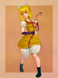 Rule 34 | 1girl, aethos, armor, armored dress, blonde hair, bloomers, double bun, expressionless, full body, hair bun, hair ribbon, highres, joutouguu mayumi, looking at viewer, ribbon, shirt, short hair, short sleeves, solo, standing, touhou, underwear, wily beast and weakest creature, yellow eyes