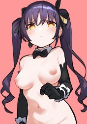 Rule 34 | 1girl, absurdres, arm at side, assault lily, black bow, black bowtie, black gloves, black ribbon, blush, bow, bowtie, breasts, breasts apart, bright pupils, clenched hand, closed mouth, detached collar, elbow gloves, gloves, goe (g-o-e), groin, hair between eyes, hair ribbon, hand up, highres, hishida haru, long hair, looking at viewer, medium breasts, navel, nipples, nude, puffy nipples, purple hair, red background, ribbon, simple background, solo, standing, stomach, twintails, upper body, white pupils, wrist cuffs, yellow eyes, yellow ribbon
