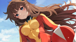 1girl artist_request belt blue_eyes blush bodysuit breasts brown_hair cleavage gloves grendizer_u long_hair looking_at_viewer maria_grace_fleed mazinger_(series) medium_breasts multicolored_bodysuit multicolored_clothes official_art red_bodysuit skin_tight solo standing ufo_robo_grendizer yellow_bodysuit