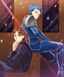 Rule 34 | 2boys, blue hair, brown eyes, brown hair, cross, cross necklace, cu chulainn (fate), fate/stay night, fate (series), gae bolg (fate), jewelry, kotomine kirei, cu chulainn (fate/stay night), manly, multiple boys, necklace, ponytail, yepnean