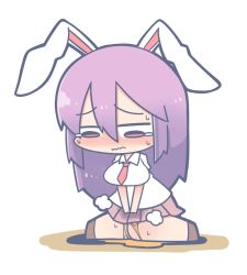 Rule 34 | 1girl, animal ears, blush, breasts, brown footwear, chibi, closed mouth, embarrassed, female focus, full body, hair between eyes, jpeg artifacts, kneeling, knees together feet apart, long hair, looking down, medium breasts, miniskirt, necktie, nose blush, ooyama bokuchi, peeing, peeing self, pleated skirt, purple hair, rabbit ears, red eyes, red necktie, red skirt, reisen udongein inaba, shirt, shoes, short sleeves, simple background, skirt, solo, sweat, tears, touhou, v arms, wavy mouth, wet, wet clothes, white background, white shirt