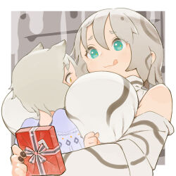 Rule 34 | 2girls, :q, age difference, animal ears, aqua eyes, bare shoulders, between breasts, black nails, box, breast lift, breasts, cat ears, commentary, eye contact, from below, gift, gift box, grey hair, head between breasts, height difference, holding, holding gift, hug, large breasts, looking at another, multiple girls, nail polish, onee-loli, original, outside border, patterned hair, short hair, tongue, tongue out, tsukudani yosuke, upper body, valentine, yellow eyes, yuri