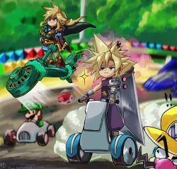 Rule 34 | armor, artist name, blonde hair, blue eyes, blue falcon, boots, brown hair, buster sword, capelet, cloud strife, f-zero, facial hair, final fantasy, final fantasy vii, final fantasy vii rebirth, final fantasy vii remake, go-kart, hat, highres, hood, hooded capelet, link, luigi, mario (series), mario kart, mustache, nintendo, pauldrons, red shell (mario), segway, shoulder armor, single pauldron, spiked hair, stoic seraphim, the legend of zelda, the legend of zelda: tears of the kingdom, wario, zonai device
