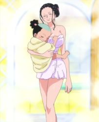 Rule 34 | 1boy, 1girl, age difference, breasts, cleavage, highres, kouzuki momonosuke, large breasts, nico robin, one piece, screencap, stitched, tame, third-party edit, towel