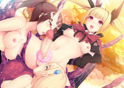 Rule 34 | 3girls, anus, arms behind back, blazblue, blonde hair, bow, breasts, brown hair, bukkake, cape, celica a. mercury, censored, clenched teeth, cum, cum on body, cum on hair, cum on upper body, cunnilingus, daiaru, detached sleeves, ejaculation, fellatio, female ejaculation, futanari, green eyes, hair ribbon, large breasts, magic circle, medium breasts, mosaic censoring, multiple girls, nipples, no testicles, noel vermillion, oral, penis, ponytail, pussy, pussy juice, rachel alucard, red bow, red eyes, restrained, ribbon, small breasts, teeth, tentacles, tongue, twintails