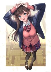 Rule 34 | 1girl, arms up, black pantyhose, blazer, blue eyes, blue jacket, blush, bow, bowtie, breasts, brown hair, buttons, cardigan, collared shirt, commentary request, double v, dress shirt, fingernails, from above, full body, hair ornament, hairclip, highres, jacket, light particles, long hair, long sleeves, looking at viewer, loose bowtie, medium breasts, open clothes, open jacket, open mouth, original, pantyhose, pink cardigan, plaid, plaid bow, plaid bowtie, plaid skirt, pleated skirt, school uniform, shirt, skirt, smile, solo, tile floor, tiles, unasaka ryou, v, white shirt