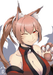 Rule 34 | 1girl, absurdres, animal ear fluff, animal ears, animal hands, bad id, bad pixiv id, bare shoulders, breasts, claws, cleavage, closed mouth, facial mark, fox ears, fox girl, fox tail, hair between eyes, highres, kawahara0527, large breasts, long hair, looking at viewer, mon-musu quest!, monster girl, multiple tails, one eye closed, ponytail, red eyes, simple background, smile, solo, tail, unusually open eyes, upper body, whisker markings, white background, yao (mon-musu quest!), yin yang