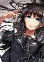 Rule 34 | 1girl, black hair, blue eyes, highres, long hair, lying, md5 mismatch, murakami yuichi, original, school uniform, solo