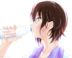 Rule 34 | 1girl, bottle, brown eyes, brown hair, commentary, drinking, from side, girls und panzer, highres, holding, holding bottle, lips, nishizumi maho, oze (xyz go go11), pixiv username, portrait, purple towel, shirt, short hair, solo, sweat, t-shirt, towel, towel around neck, water bottle, white shirt