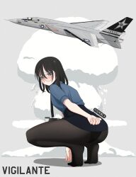 Rule 34 | 1girl, a-5 vigilante, aircraft, airplane, atamonica, black hair, blush, commentary, fighter jet, frown, full body, glasses, grey eyes, id card, jet, looking at viewer, military vehicle, no shoes, original, pencil skirt, skirt, solo, squatting