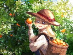 Rule 34 | 1girl, basket, blonde hair, blue eyes, blunt bangs, blush, bow, emilico (shadows house), food, fruit, hanasaki nm, hat, holding, leaf, long hair, long sleeves, looking at viewer, open mouth, orange (fruit), outdoors, red bow, shadows house, smile, solo