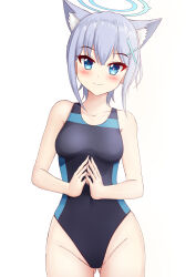 Rule 34 | 1girl, animal ear fluff, animal ears, bare arms, bare shoulders, blue archive, blue eyes, blue one-piece swimsuit, blush, breasts, closed mouth, collarbone, commentary request, covered navel, extra ears, gluteal fold, grey hair, groin, hair between eyes, hair ornament, halo, head tilt, highres, looking at viewer, medium breasts, one-piece swimsuit, prophosphere, shiroko (blue archive), simple background, smile, solo, steepled fingers, swimsuit, white background
