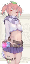 Rule 34 | 1girl, ;q, arms behind back, asymmetrical clothes, belt, belt buckle, belt pouch, blue scarf, blunt bangs, blush, breasts, buckle, chinese commentary, closed mouth, commentary request, cowboy shot, crop top, dollar sign, facial mark, flask, hair ornament, heart, kardia tou abel, leaf hair ornament, long sleeves, looking at viewer, miniskirt, navel, nikuku (kazedesune), one eye closed, pleated skirt, pouch, purple skirt, red hair, round-bottom flask, scarf, short hair, short twintails, sidelocks, single bare shoulder, single sleeve, skirt, sleeves past fingers, sleeves past wrists, small breasts, smile, solo focus, star (symbol), stomach, striped clothes, striped scarf, tattoo, test tube, thigh strap, tongue, tongue out, twintails, yellow eyes