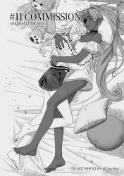 Rule 34 | 2girls, bare legs, barefoot, breasts, cleavage, closed eyes, closed mouth, commentary request, cuddling, cushion, dark-skinned female, dark skin, dog 9uk, english text, eyepatch, from above, greyscale, highres, hug, korean commentary, long hair, monochrome, multiple girls, off-shoulder shirt, off shoulder, original, pointy ears, ponytail, shirt, skirt, sleeping, stuffed animal, stuffed toy, teddy bear, twitter username, yuri