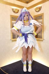 Rule 34 | 1girl, ankle boots, asian, blue eyes, blue hair, boots, bow, bracelet, breasts, choker, chouzuki maryou, cosplay, cure diamond (cosplay), dokidoki! precure, dress, hands on own hips, headpiece, highres, jewelry, large breasts, long hair, magical girl, matching hair/eyes, photo (medium), plump, ponytail, precure, puffy short sleeves, puffy sleeves, ribbon, short sleeves, solo, tiara