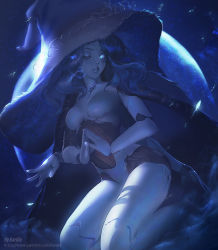 Rule 34 | 1girl, artist name, blue eyes, blue hair, blue skin, blue theme, breasts, chest jewel, colored skin, commentary request, cracked skin, doll joints, elden ring, extra arms, extra faces, full moon, glowing, glowing eye, hat, highres, joints, kardie, kneeling, large hat, long hair, looking at viewer, moon, night, one eye closed, parted lips, patreon username, ranni the witch, solo, witch, witch hat