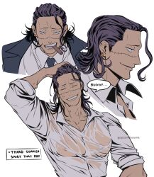 Rule 34 | 1boy, bishounen, black hair, black suit, business suit, captainh4ndsome, cigar, collared shirt, crocodile (one piece), earrings, formal, hair slicked back, highres, jewelry, male focus, necktie, one piece, open mouth, scar, scar on face, scar on nose, shirt, smile, smoking, solo, stitches, suit, wet, wet clothes, white background, white shirt