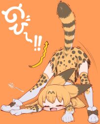 Rule 34 | 1girl, :3, animal ears, blonde hair, blush, boots, cat ears, cat girl, cat stretch, cat tail, closed eyes, fang, gloves, high-waist skirt, highres, kemono friends, multicolored clothes, multicolored gloves, multicolored thighhighs, notora, open mouth, print gloves, print skirt, print thighhighs, serval (kemono friends), serval print, shirt, short hair, skirt, solo, stretching, tail, thighhighs, translation request, white footwear, white gloves, white shirt, white thighhighs, yellow gloves, yellow thighhighs