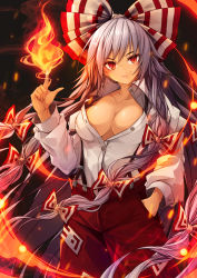 Rule 34 | .sin, 1girl, black background, bow, breasts, cleavage, closed mouth, collared shirt, cowboy shot, fire, fujiwara no mokou, hair bow, hand in pocket, highres, long hair, long sleeves, looking at viewer, medium breasts, no bra, ofuda, pants, red eyes, red pants, shirt, silver hair, smile, solo, standing, suspenders, touhou, unbuttoned, unbuttoned shirt, very long hair, white bow, white shirt, wing collar