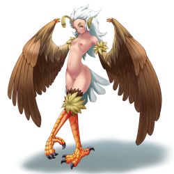 Rule 34 | absurdres, animal feet, animal hands, bird legs, bird tail, blush, breasts, brown feathers, brown wings, claws, commentary, english commentary, feather hair, feathered wings, feathers, hair slicked back, harpy, highres, long hair, monster girl, navel, nipples, nude, orange eyes, original, otocai, small breasts, solo, tail, talons, tan, white background, white hair, winged arms, wings