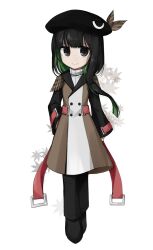 Rule 34 | 1boy, belt, black eyes, black hair, black hat, black pants, brown coat, buttons, closed mouth, coat, colored inner hair, commentary request, double-breasted, full body, green hair, hat, highres, indie virtual youtuber, long sleeves, looking at viewer, male focus, multicolored hair, pants, red belt, ribbed sweater, smile, solo, sweater, tabinoki kanae, turtleneck, turtleneck sweater, virtual youtuber, websci 3357, white sweater