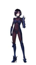 Rule 34 | 1girl, armored boots, black bodysuit, black hair, bodysuit, boots, breasts, character request, closed mouth, covered navel, fate/empire of dirt, full body, game cg, gauntlets, hair over one eye, high heels, highres, looking at viewer, medium breasts, non-web source, red eyes, short hair, smile, solo, standing, tachi-e, transparent background, tsuki tokage
