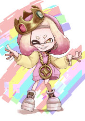 Rule 34 | 1girl, absurdres, blunt bangs, boots, commentary, cross-shaped pupils, crown, english commentary, forehead, full body, gem, gradient hair, grin, hands up, highres, hitsuji (pixiv2228990), hood, hood down, hoodie, inkling, jewelry, long sleeves, medium hair, mole, mole under mouth, multicolored background, multicolored hair, multiple rings, necklace, nintendo, one eye closed, pearl (splatoon), pink hair, pink hoodie, ring, short eyebrows, sidelocks, simple background, smile, solo, splatoon (series), splatoon 2, standing, symbol-shaped pupils, teeth, tentacle hair, thick eyebrows, tilted headwear, v-shaped eyebrows, white background, white footwear, white hair, yellow eyes, yellow sleeves
