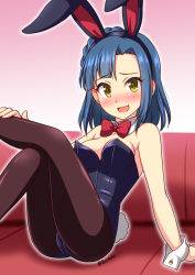 Rule 34 | 10s, 1girl, animal ears, artist name, blue hair, blush, bococho, bow, bowtie, couch, detached collar, fake animal ears, idolmaster, idolmaster million live!, leotard, nanao yuriko, open mouth, pantyhose, playboy bunny, rabbit ears, rabbit tail, short hair, sitting, tail, twintails, wrist cuffs, yellow eyes