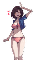 Rule 34 | 1girl, arm at side, arm up, bikini, bikini under clothes, bracelet, breasts, brown hair, cleavage, cropped jacket, highres, jewelry, looking at viewer, medium breasts, navel, open mouth, original, pink bikini, round teeth, saiste, short hair, simple background, smile, solo, standing, stomach, swimsuit, teeth, thigh gap, upper teeth only, white background, yellow eyes