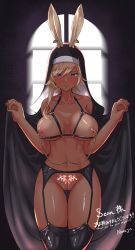 Rule 34 | animal ears, black thighhighs, blonde hair, blue eyes, blush, breasts, commission, dark-skinned female, dark skin, earrings, english text, garter straps, habit, highres, jewelry, long hair, looking at viewer, nipple piercing, nun, original, piercing, presenting, pubic tattoo, rabbit ears, shiny skin, skeb commission, solo, solo focus, standing, stomach tattoo, tattoo, thighhighs, velceed, window