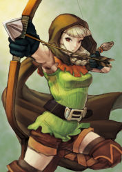 Rule 34 | 1girl, arrow (projectile), bad id, bad pixiv id, belt, boots, bow (weapon), braid, cloak, dragon&#039;s crown, drawing bow, elf, elf (dragon&#039;s crown), foreshortening, gloves, holding bow (weapon), hood, hooded cloak, pointy ears, sarukawa, shorts, solo, thigh boots, thighhighs, twin braids, weapon