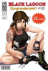 Rule 34 | 1girl, azasuke, barcode, belt, black lagoon, boots, breasts, brown eyes, brown hair, cigarette, copyright name, cover, dated, english text, fake cover, fingerless gloves, gloves, green footwear, gun, handgun, holster, large breasts, lips, low ponytail, micro shorts, navel, pistol, revy (black lagoon), shorts, shoulder holster, sidelocks, signature, sitting, smile, solo, tank top, tattoo, tomboy, weapon