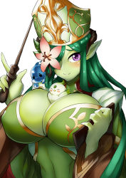 Rule 34 | 1girl, almadel, animal, armadel (p&amp;d), bird, blush, breasts, cleavage, colored skin, covered erect nipples, creature, flower, flower eyepatch, green hair, green skin, green theme, hair over one eye, hat, holding, huge breasts, ion (cation), long hair, monster girl, plant girl, pointy ears, purple eyes, puzzle &amp; dragons, simple background, smile, solo, white background